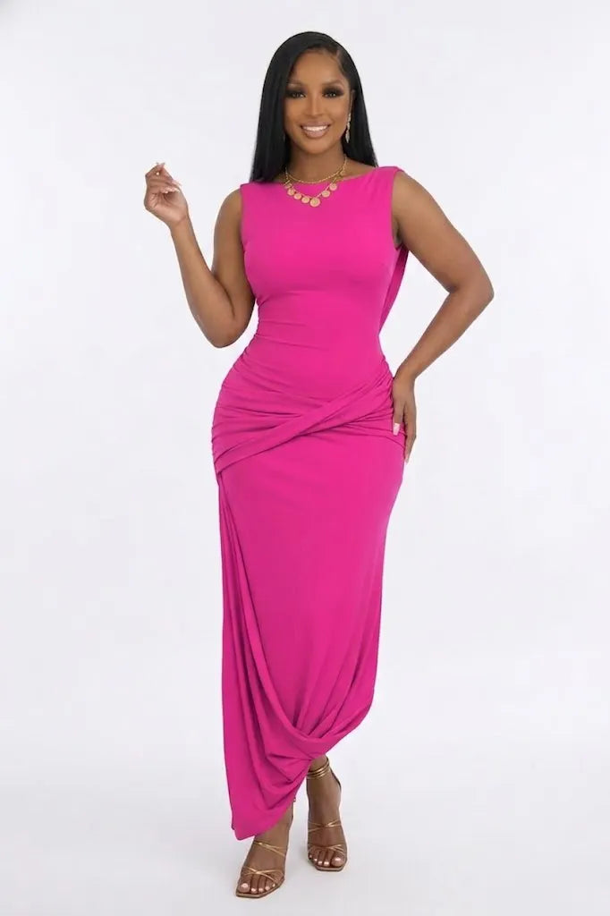 Solid Color Boat Neck Ruched Backless Sleeveless Gowns Maxi Dresses-Fuchsia