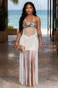 Disco Sequin Crochet Hollow Out Fringe Halter Beach Maxi Dresses-White