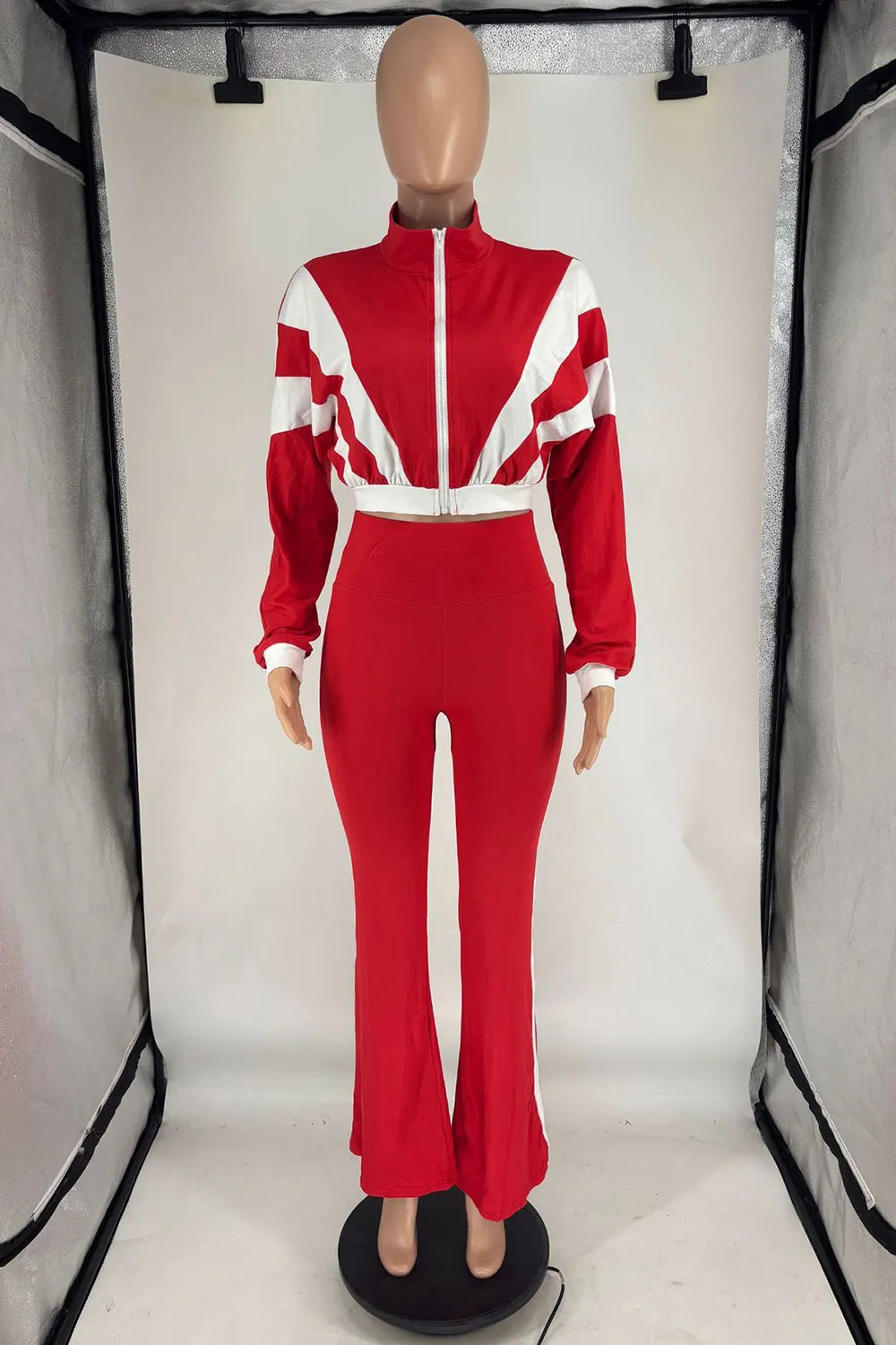 Stand-Up Collar Color Block Long Sleeve Top Flare Leg Pants 2pcs Set-Red