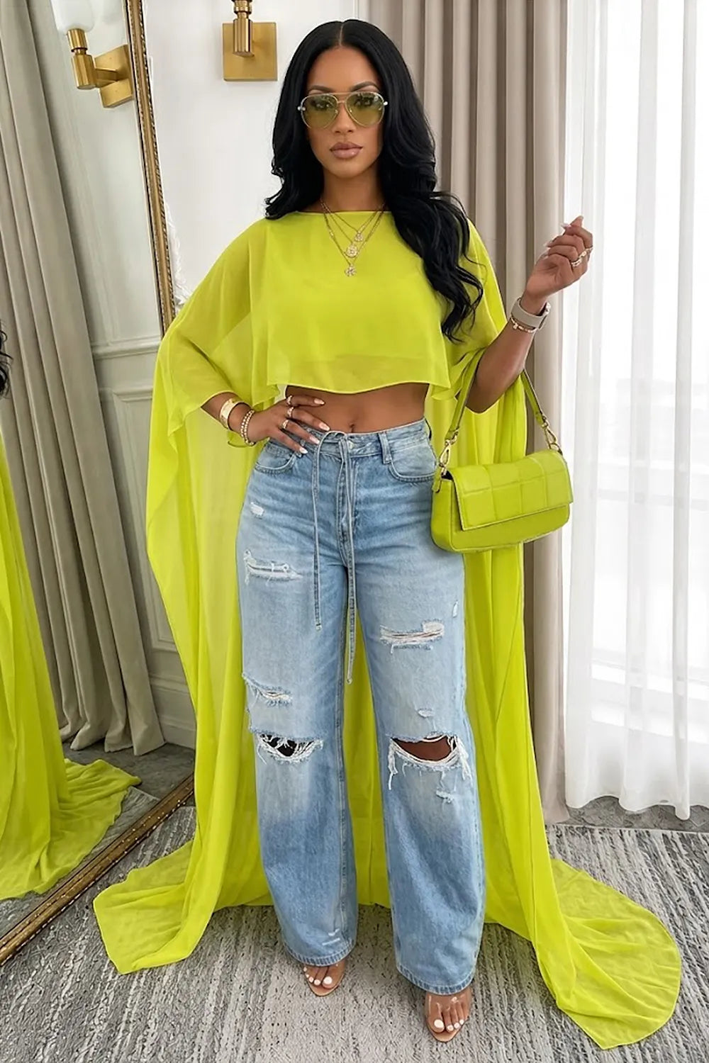 Boat Neck High Low Hem Loose Fit Mesh Cape Sleeve Floor Length Top-Green