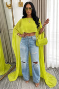 Boat Neck High Low Hem Loose Fit Mesh Cape Sleeve Floor Length Top-Green