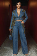 Patchwork Notch Lapel Collar Jacket Pants Denim 2pcs Set-Blue