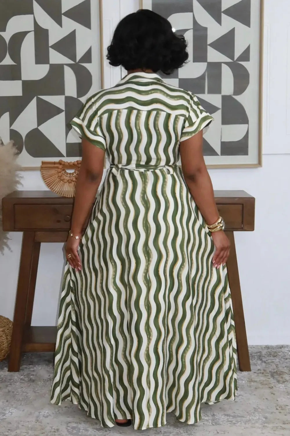 Ripple Print Notched Lapel Front Slit Casual Maxi Dresses-Green