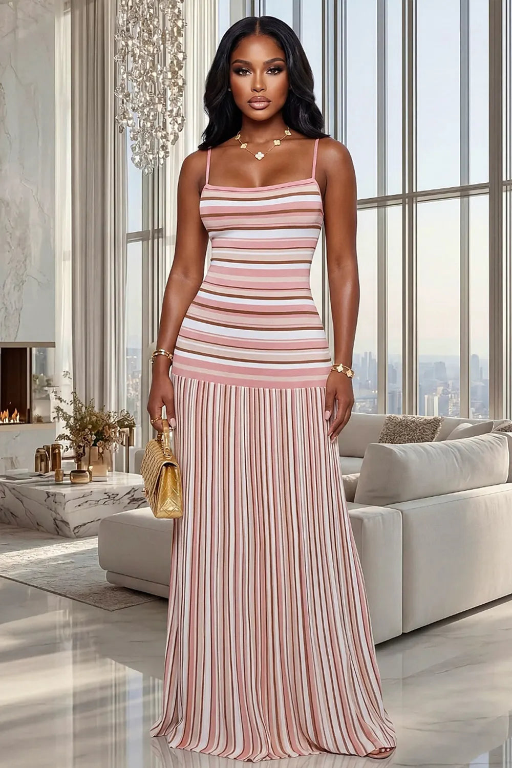 Striped Print Backless Spaghetti Strap Bodycon Vacation Maxi Dresses-Pink