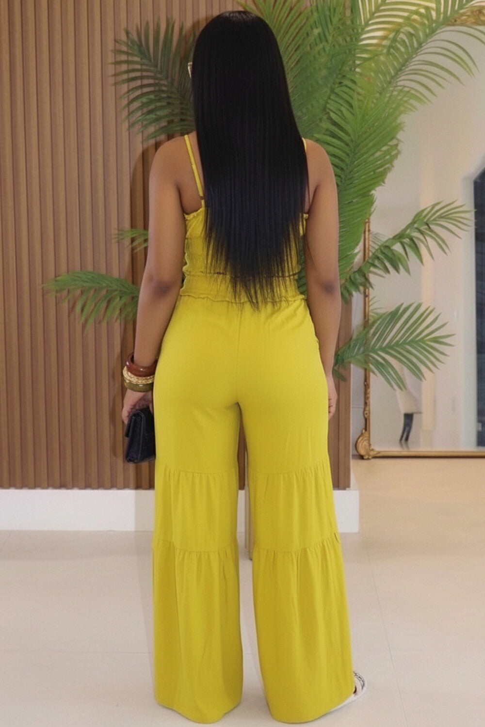 Cami Smocking Crop Top Wide Leg Pants Casual 2pcs Set-Yellow