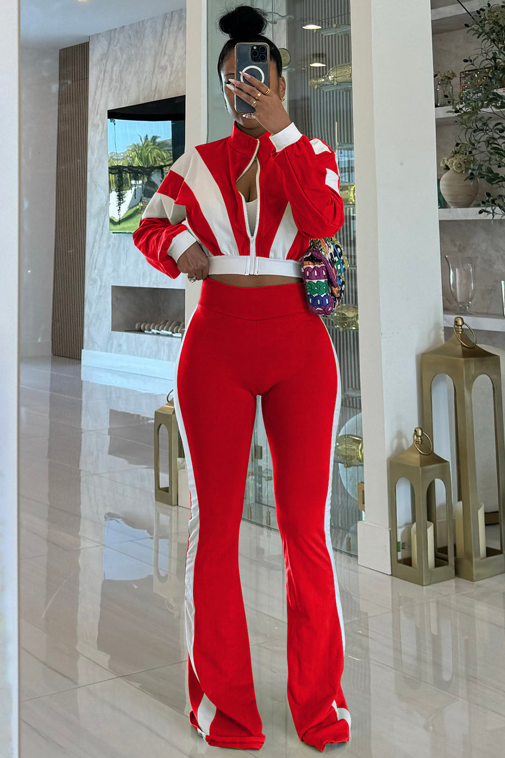 Stand-Up Collar Color Block Long Sleeve Top Flare Leg Pants 2pcs Set-Red