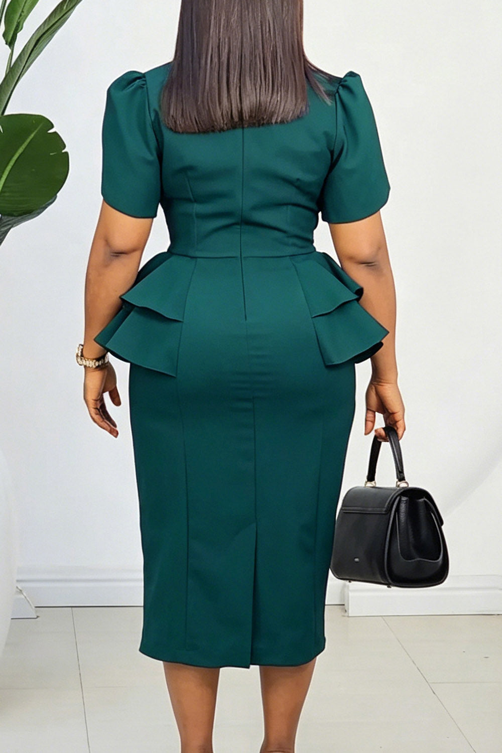 Shawl Lapel Puff Sleeve Ruffle Solid Color Bodycon Formal Midi Dresses-Pink
