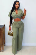Collar Pocket Crop Top Straight Leg Pants 2pcs Set-Green