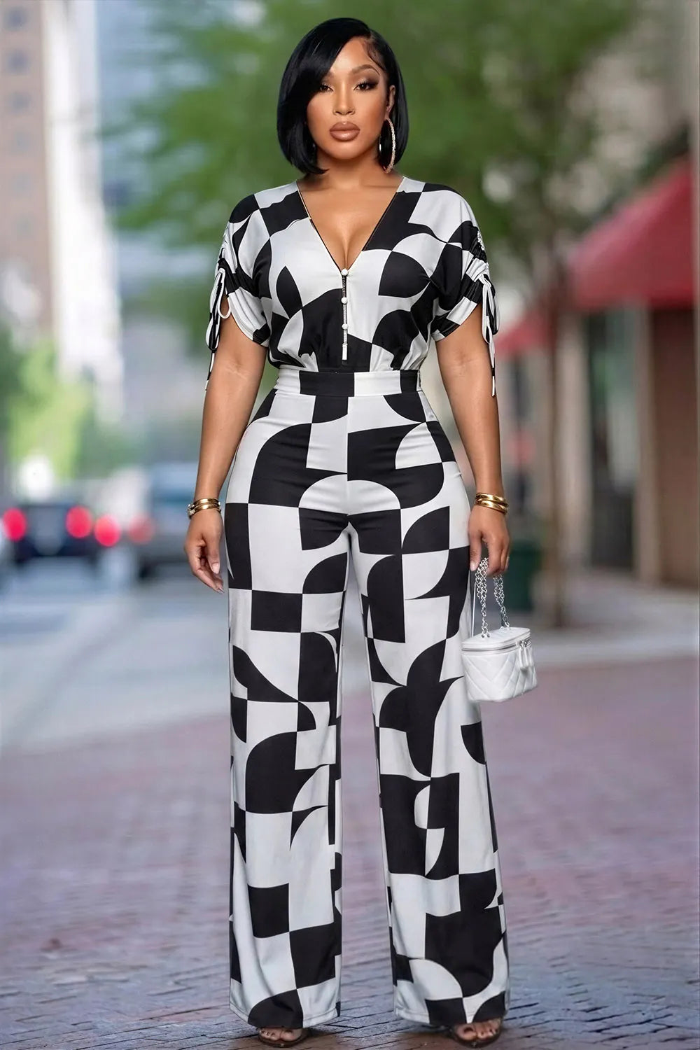 Colorblock V Neck Drawstring Short Sleeve Casual Jumpsuit-Black