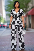 Colorblock V Neck Drawstring Short Sleeve Casual Jumpsuit-Black