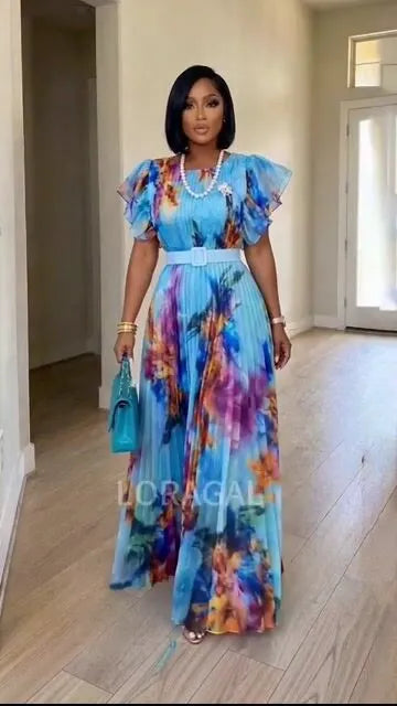 Round Neck Puff Sleeve Floral Print Pleated Maxi Dresses-Blue