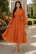 Collar Lantern Sleeve Wrap Button Midi Dresses-Orange
