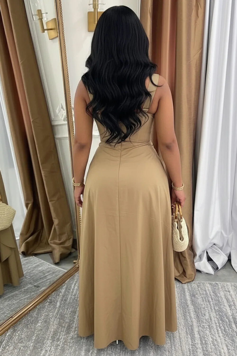 Wide Straps Sleeveless Cinch Waist Casual Maxi Dresses-Khaki