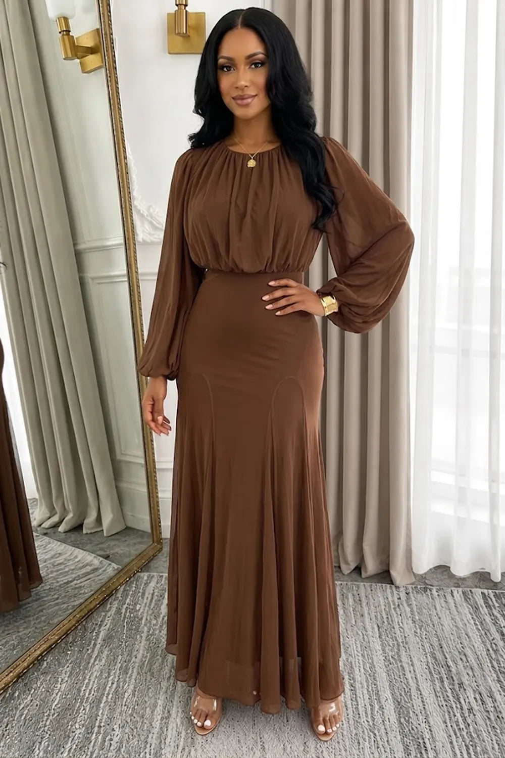 Round Neck Long Sleeve High Waist Draped Evening Gowns Maxi Dresses-Green