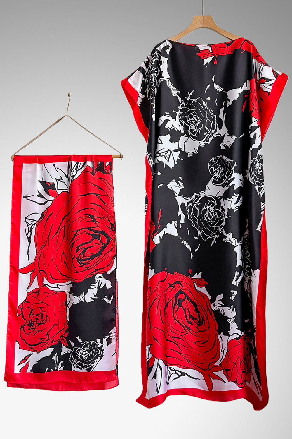 Graphic Print Scarf Boat Neck Kaftan Maxi Dresses Vacation 2pcs Set-Blue