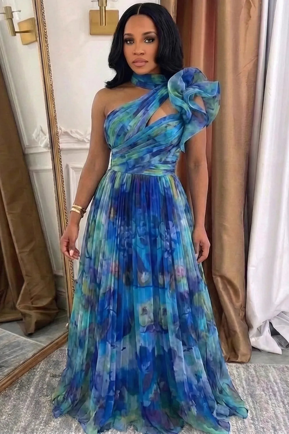 Irregular Neck Ruffle Pleated Floral Vacation Maxi Dresses-Blue