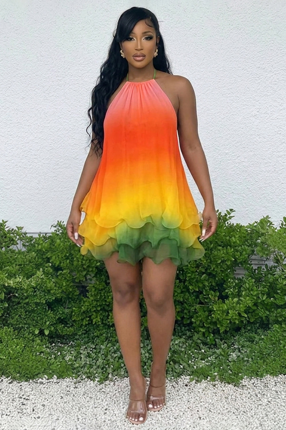 Halter Gradient Color Ruffle Vacation Mini Dresses