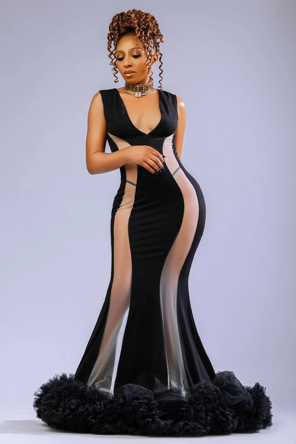 Deep V Neck Mesh Patchwork Ruffle Fluffy Hem Maxi Dresses-Black