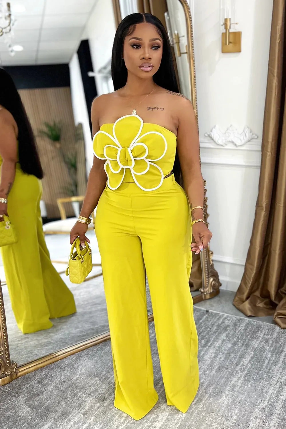 3D Floral Strapless Top Wide Leg Pants Casual 2pcs Set-Yellow