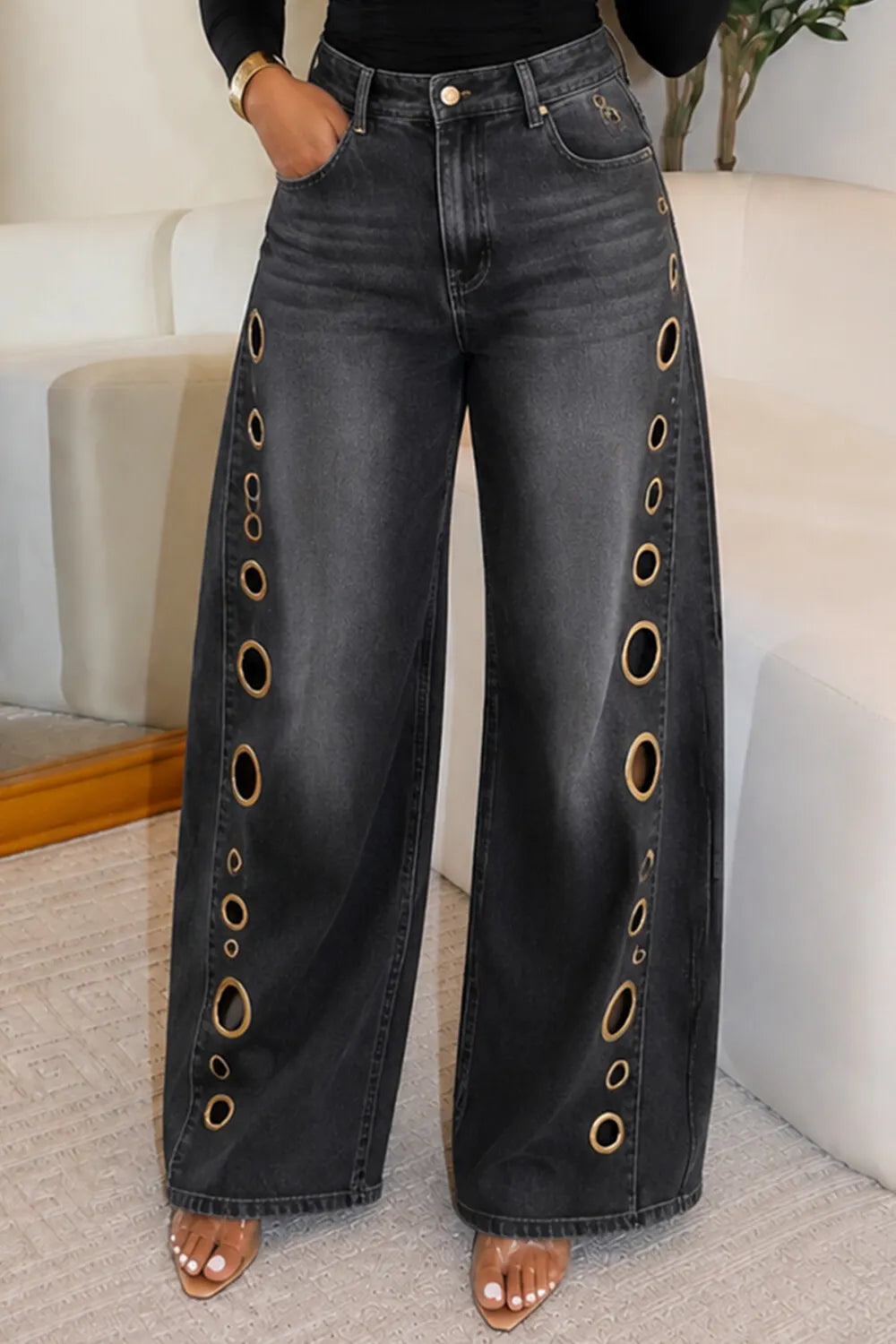 Denim Metal Eyelet Hollow Out Loose Fit Wide Leg Casual Jeans-Blue