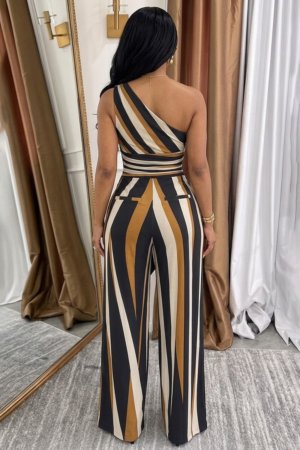 Striped One Shoulder Cinch Waist Wide Leg Jumpsuit