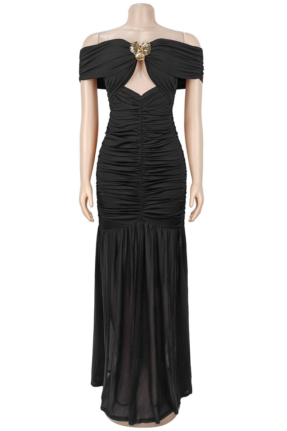 Off Shoulder Metal Decor Cut Out High Slit Ruched Gowns Maxi Dresses-Black
