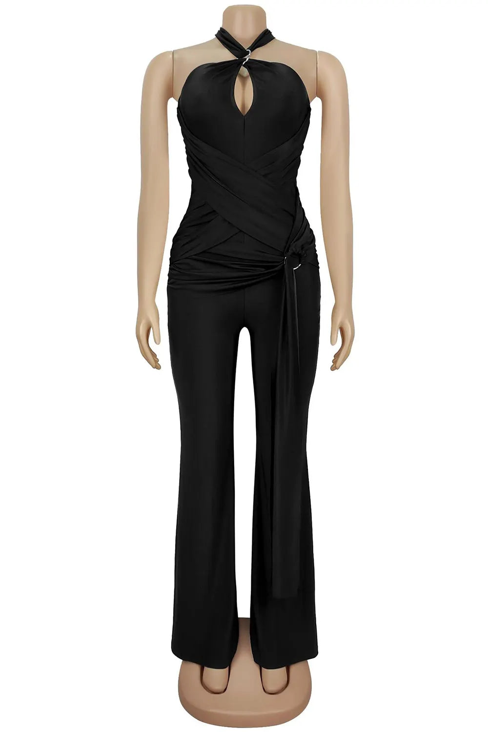Halter Cut Out Cinch Waist Ruched Sash Solid Color Bootcut Jumpsuit-Black