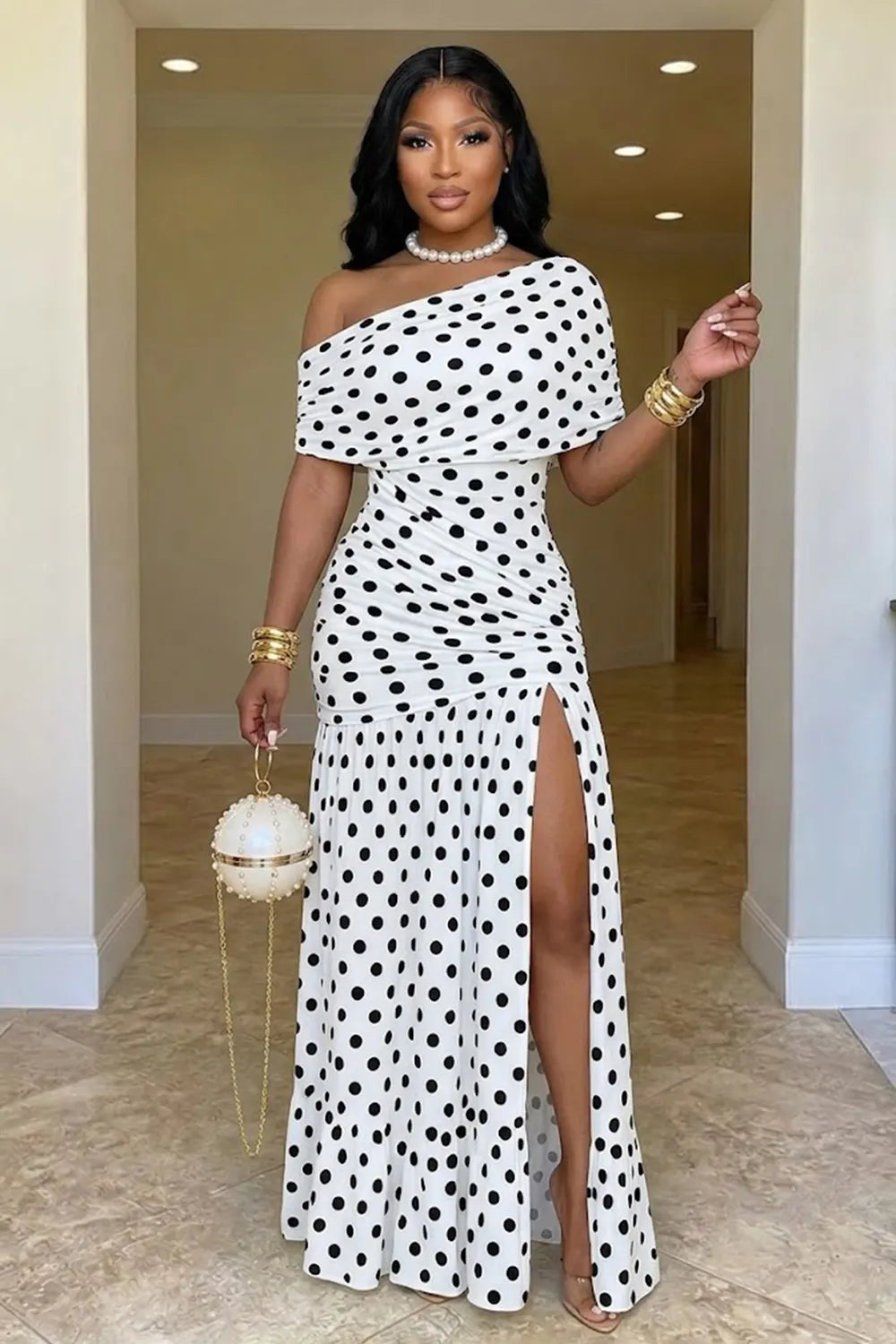 Oblique Collar Polka Dot Print High Slit Slim Fit Party Maxi Dresses-White