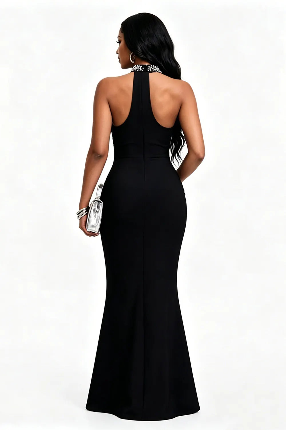 Rhinestone Pearl Decor Mesh Patchwork Halter Mermaid Party Maxi Dresses-Black
