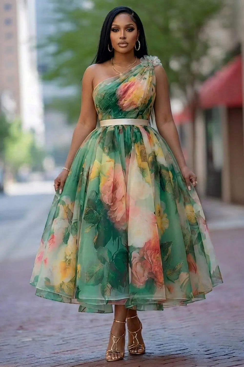Floral Print One Shoulder A-Line Vacation Midi Dresses-Green