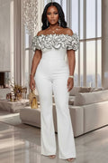 Off Shoulder Contrast Piping 3D Ruffle High Waist Slim Casual Jumpsuit-White