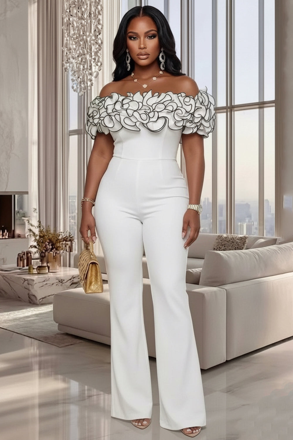 Off Shoulder Contrast Piping 3D Ruffle High Waist Slim Casual Jumpsuit-White