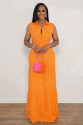 Collar Sleeveless Single Breasted Multi-Pocket Maxi Dresses-Orange