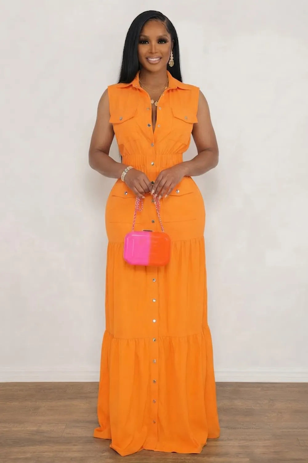 Collar Sleeveless Single Breasted Multi-Pocket Maxi Dresses-Orange