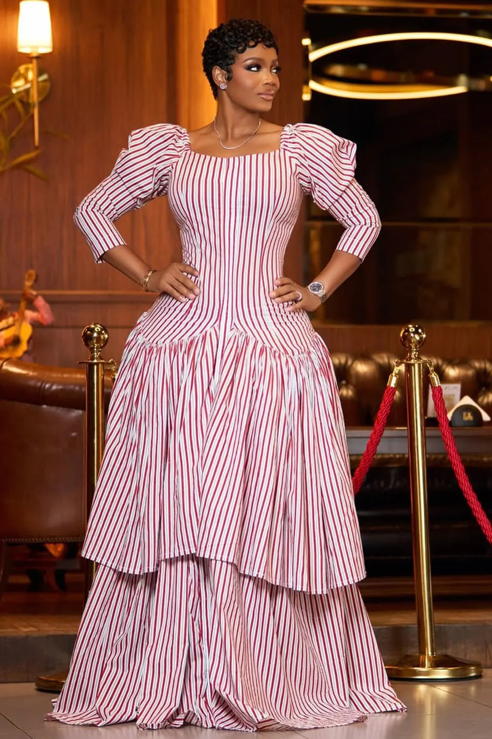 Square Neck Puff Sleeve Layered Ruffles Striped Maxi Dresses-Red