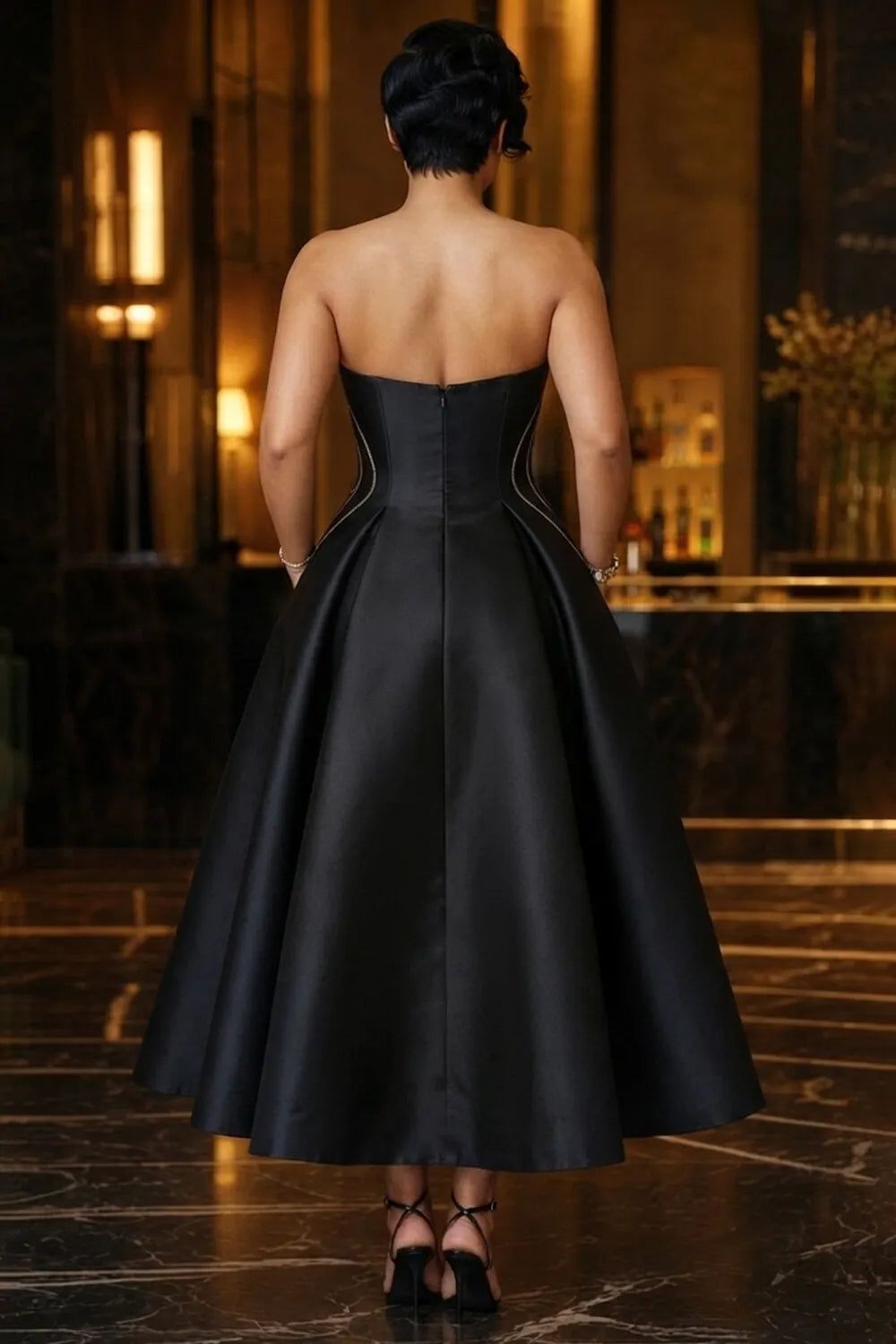 Strapless Ginkgo Leaf Print Bouffant Hem Party Midi Dresses-Black