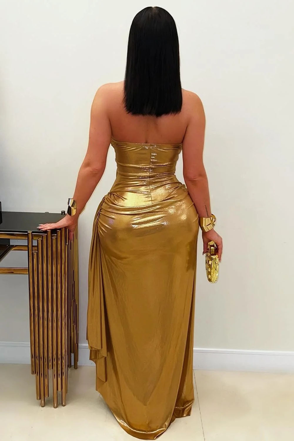 Halter V Neck Backless Gathered Metallic Party Maxi Dresses-Gold