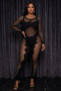 Solid Color Hollow Out Mesh See-Through Long Sleeve Skinny Jumpsuit-Black
