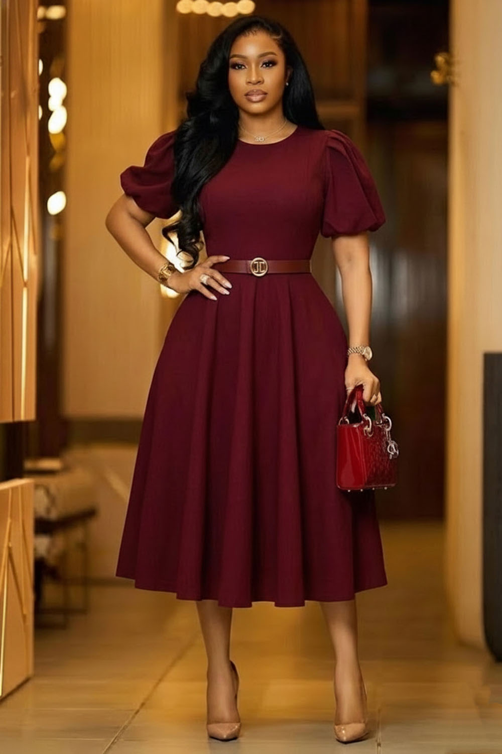 Round Neck Puff Short Sleeve Solid Color A-Line Gowns Midi Dresses-Apricot