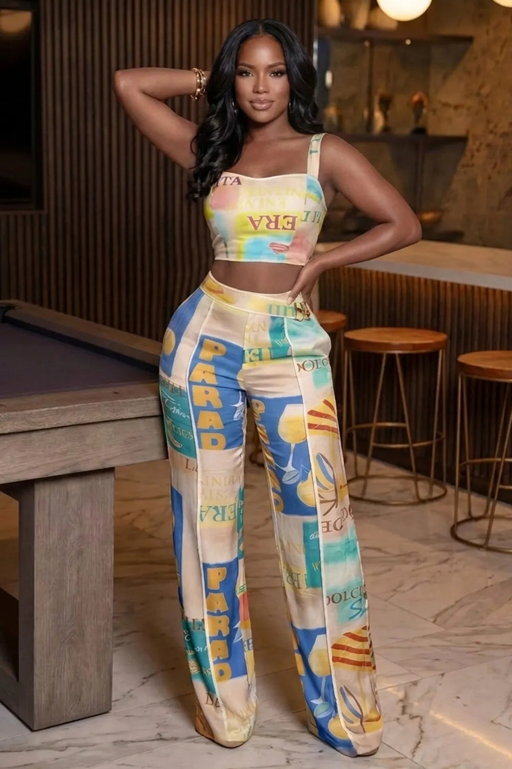 All Over Print Wide Strap Top Wide Leg Pants 2pcs Set-Multicolor