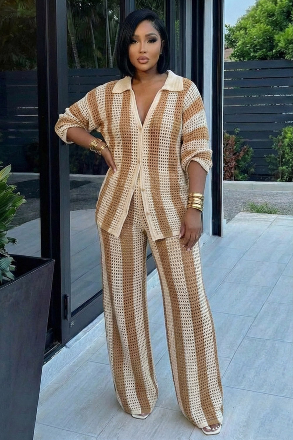 Striped Crochet  Collar Shirt Pants 2pcs Set-Khaki