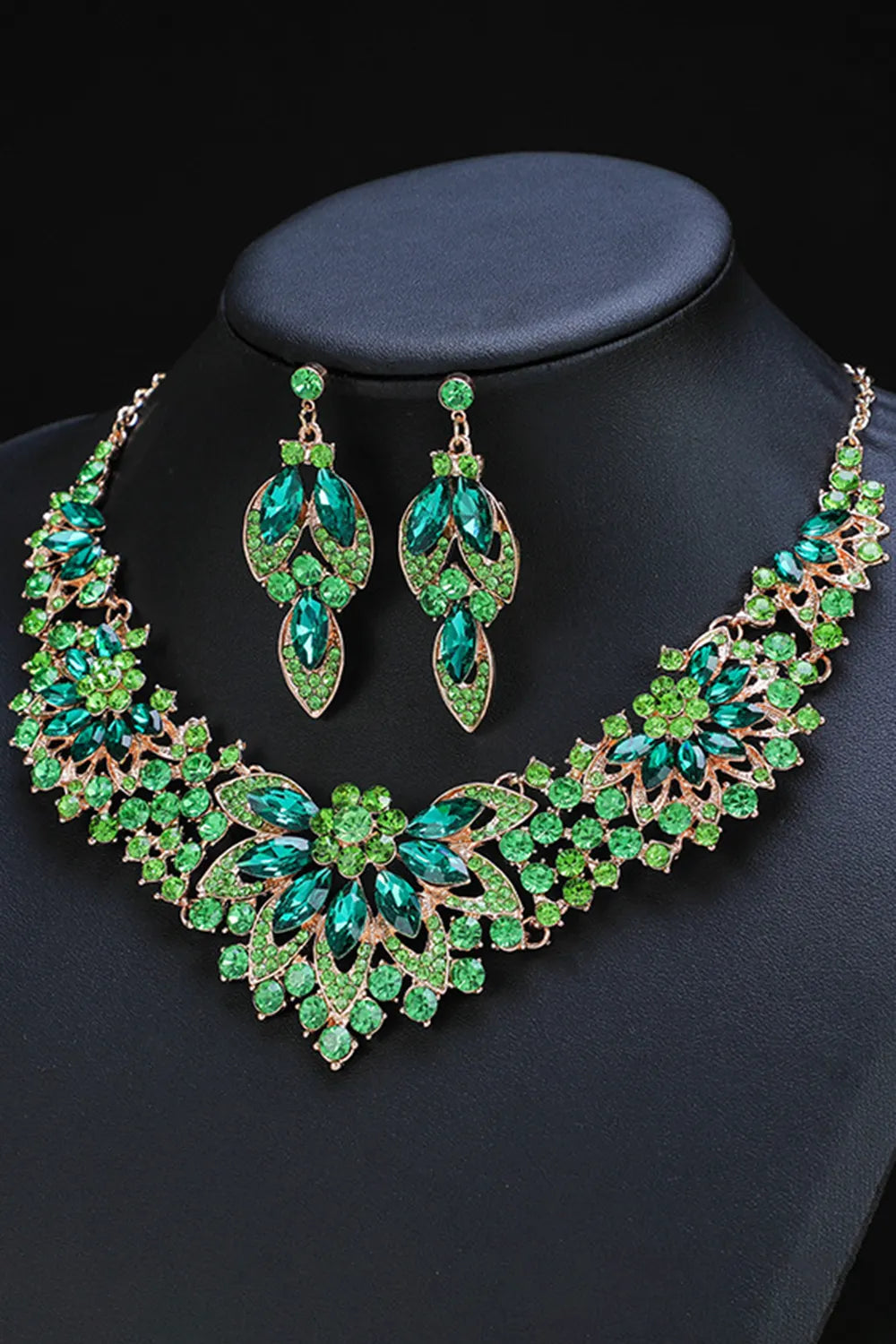 Elegant Floral Leaf Shaped Rhinestone Necklace Earrings Jewelry Set