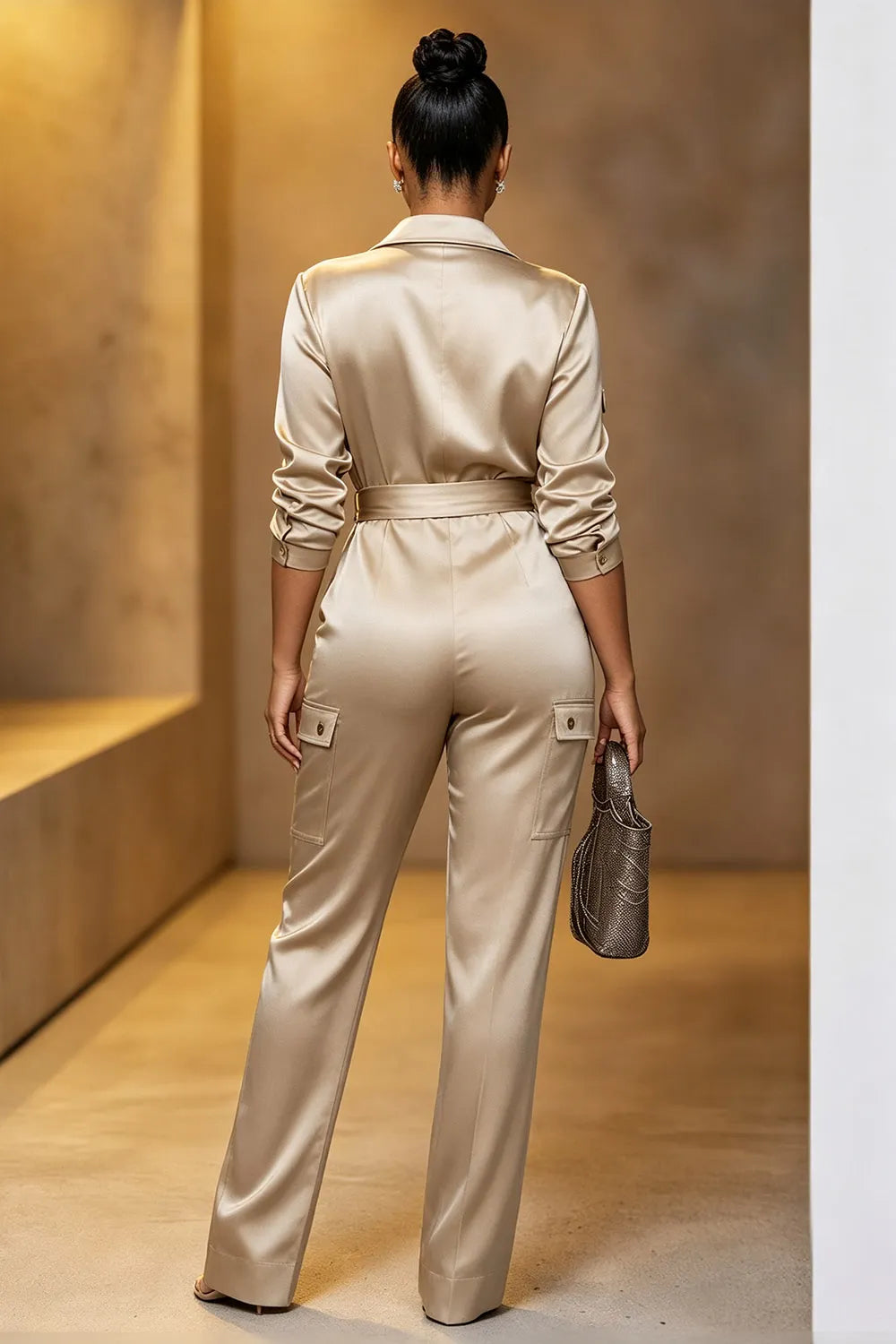 Collar 3/4 Sleeve Multi-Pocket Wrap Jumpsuit-Champagne