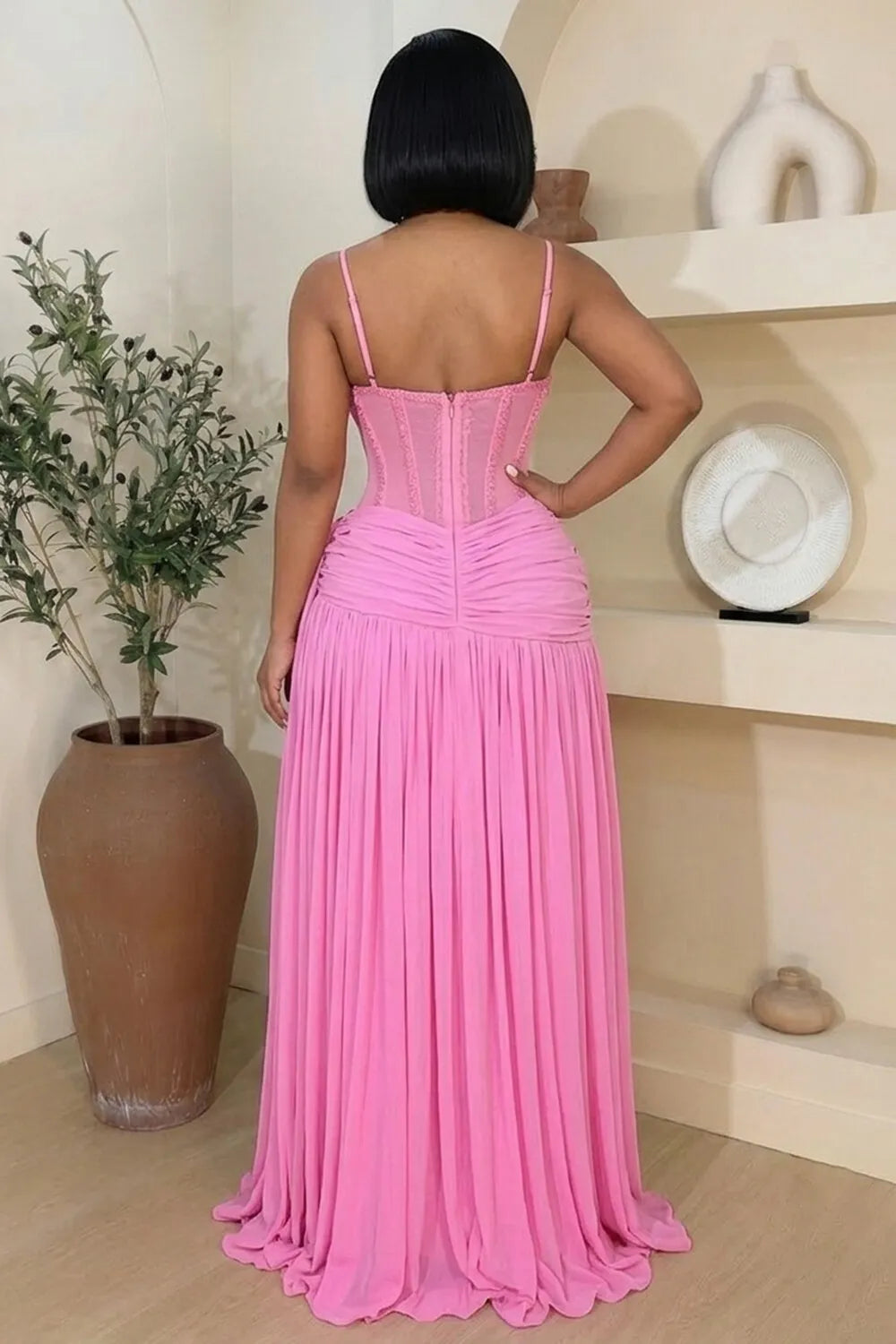 Cami Neck Rhinestone Mesh Patchwork Ruched Maxi Dresses-Brown