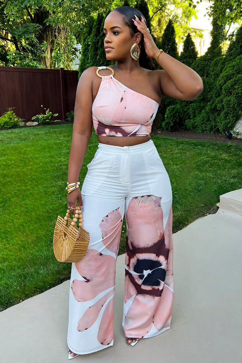 One Shoulder Crop Top Floral Wide Leg Pants Daily 2pcs Set-White