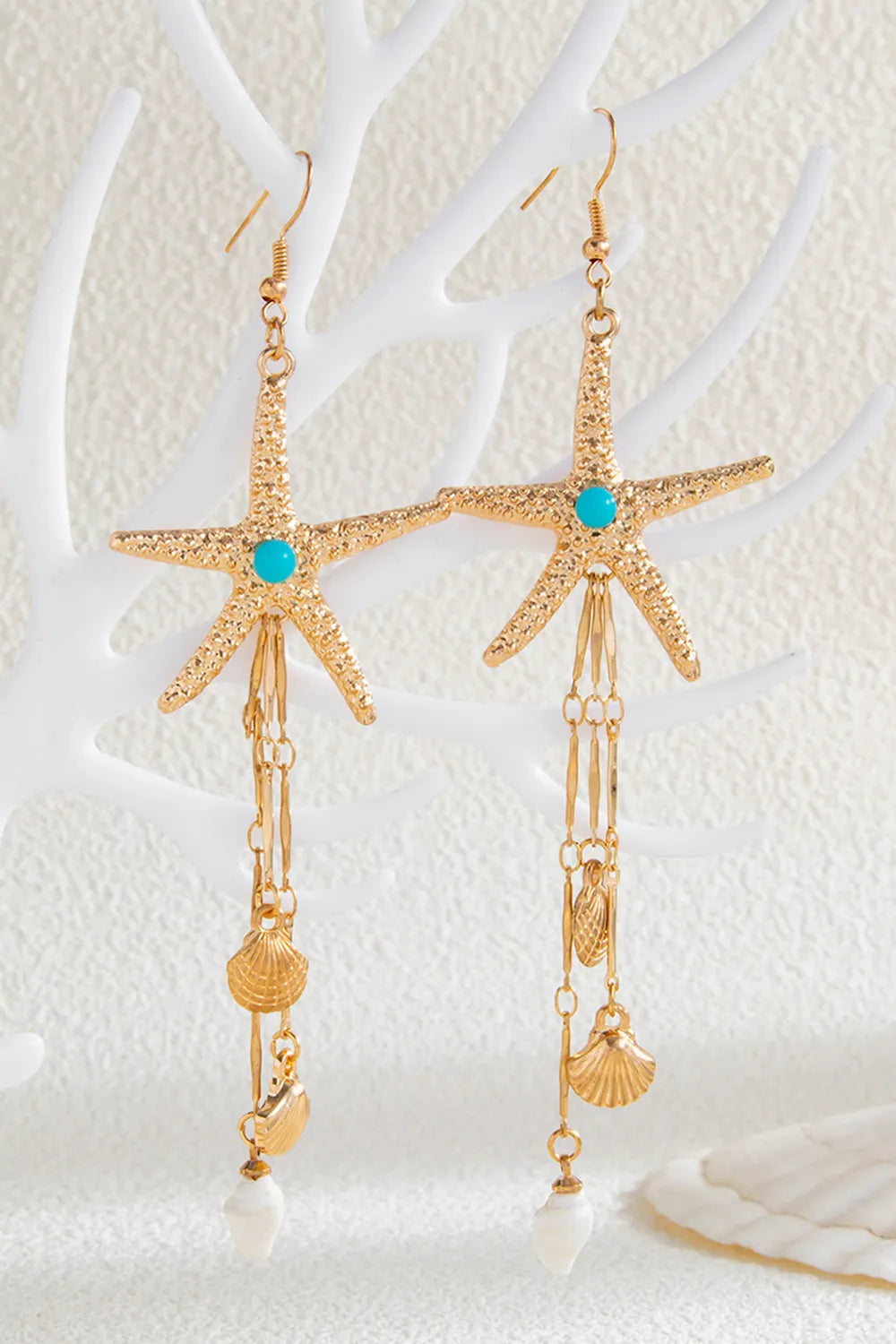 Vacation Boho Style Shell Tassel Metallic Starfish Shaped Dangle Earrings