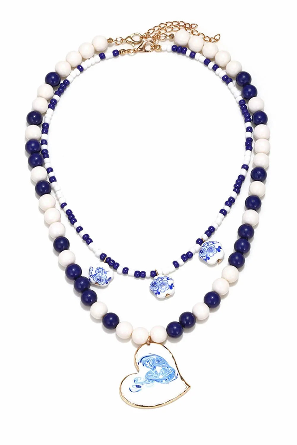 Blue And White Ceramic Bead Heart Pendant Double-Layered Necklace
