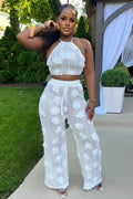 3D Flower Halter Backless Crop Top Wide Leg Pants Knit Casual 2pcs Set-White