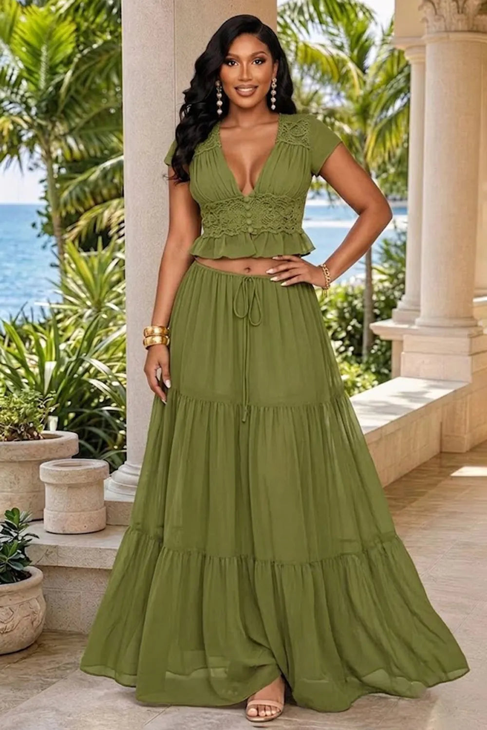 V Neck Single Breasted Lace Crop Top Drawstring Maxi Skirt 2pcs Set-Red