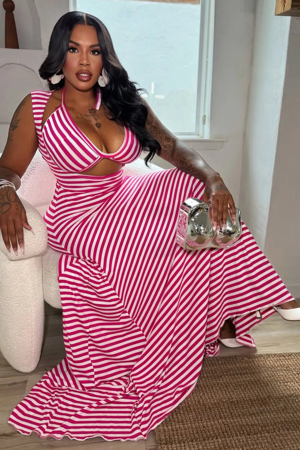 Stripe Print Sleeveless Cut Out Vacation Maxi Dresses-Fuchsia